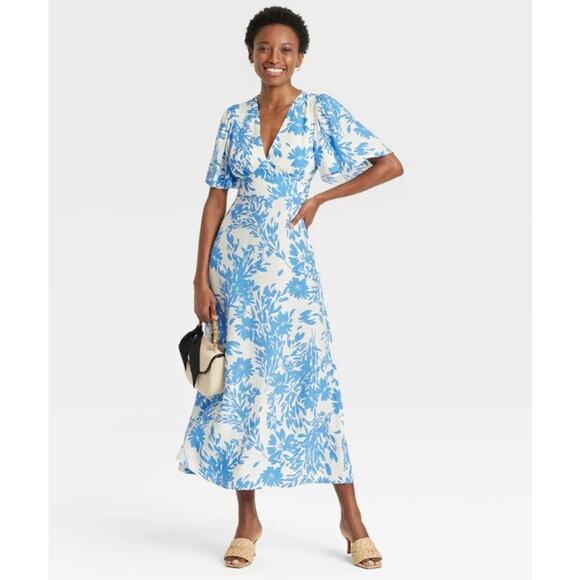 A New Day NWOT Women's Short Sleeve Maxi Sundress Blue White Floral 2 - Picture 1 of 14